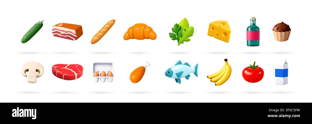 Set of 3D food icons isolated on white Stock Vector