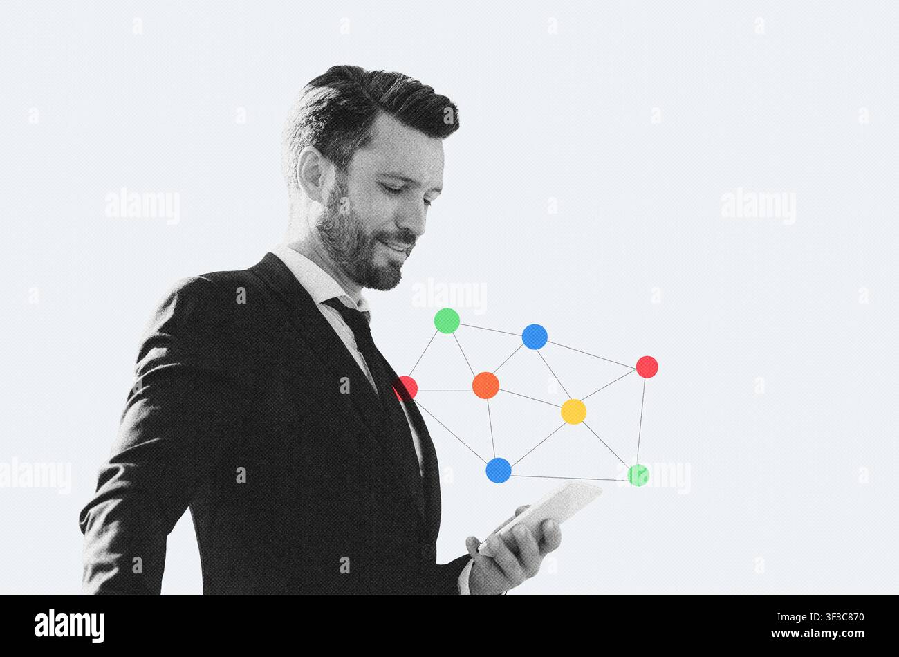 Businessman Using Smartphone Analyzing Data, Professional Setting, Business Concept Stock Photo
