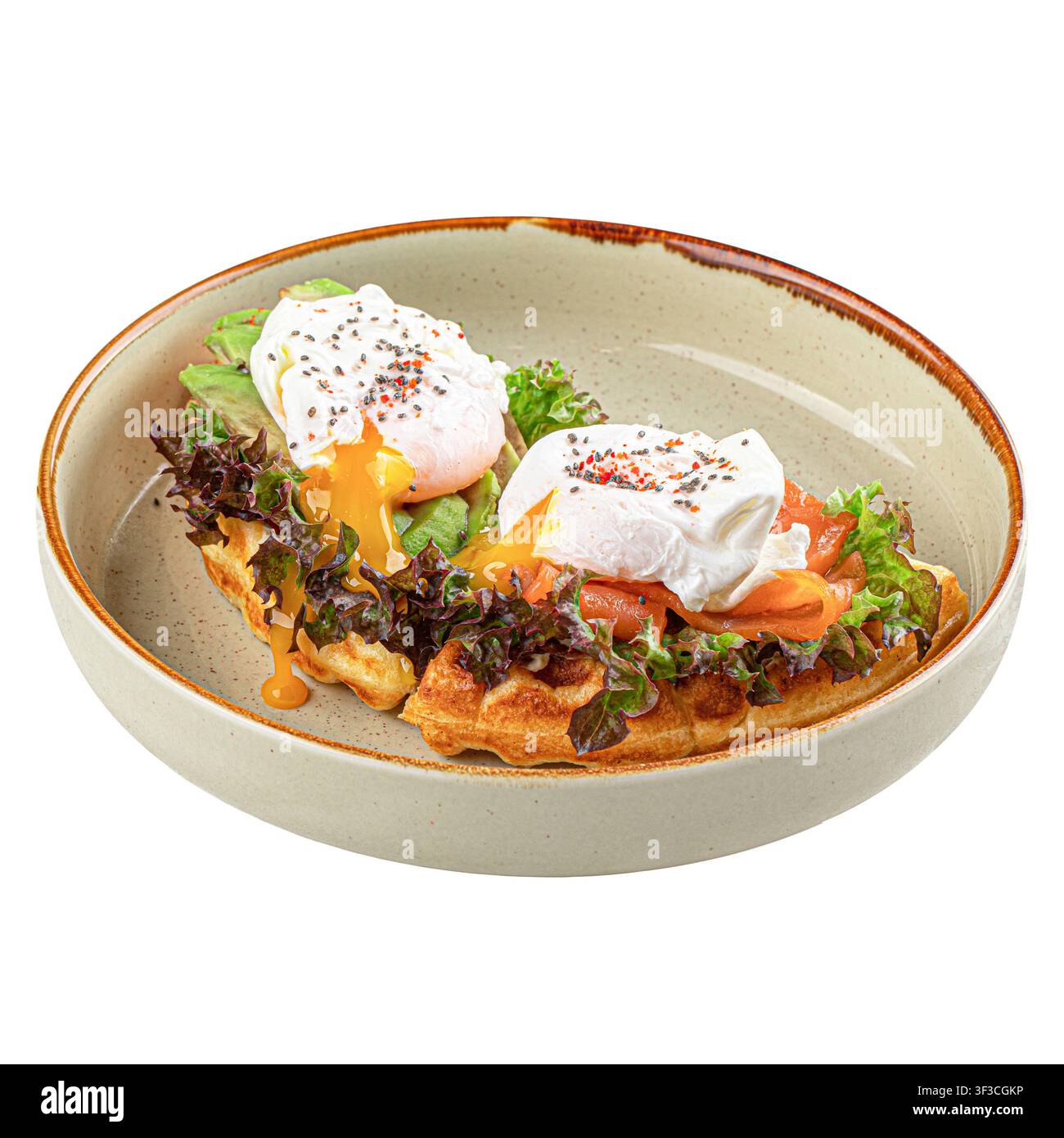 Waffles with salmon and poached eggs isolated Stock Photo