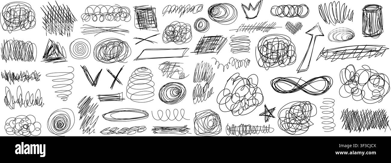Pen doodles and scribbles form chaotic handwritten textures vector illustration set. Stock Vector
