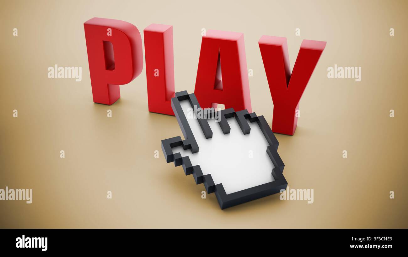 Hand cursor on red play word Stock Photo