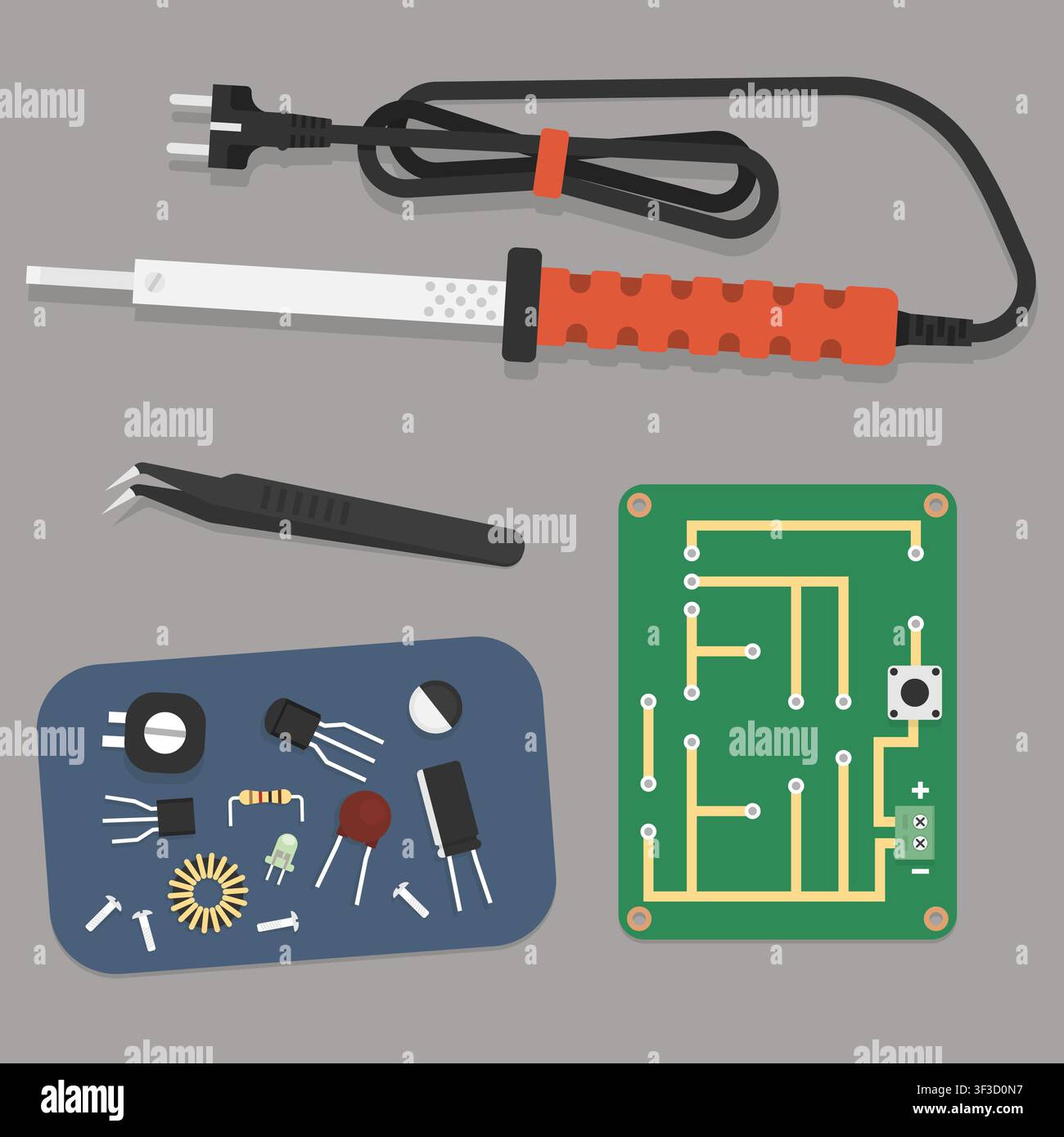 Empty PCB Circuit Board with Electronic Components and Tools - Electronics Assembly Kit Vector Illustration Stock Vector