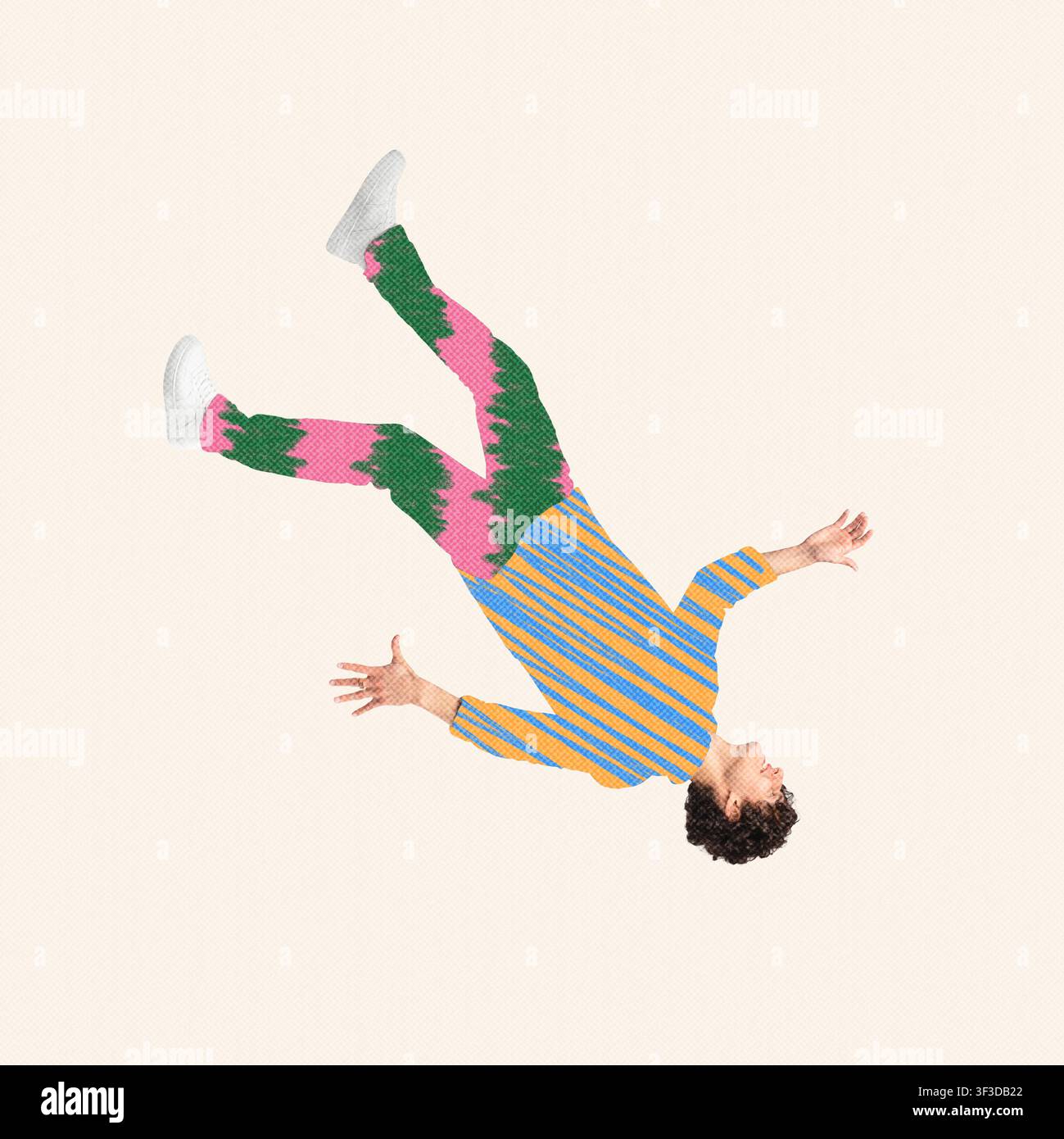Unrecognizable Male Model In Colorful Outfit Posing With Hands Raised, Abstract Background Stock Photo