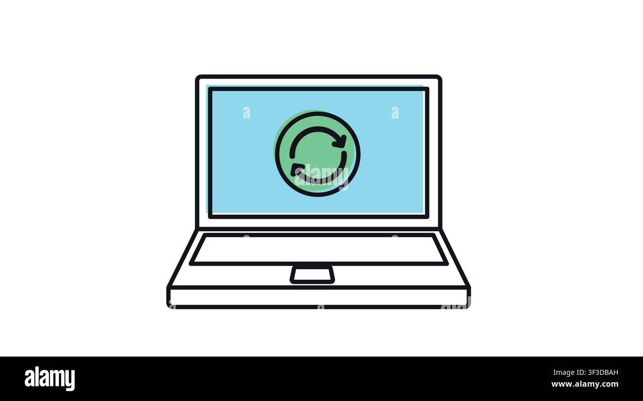 Laptop with refresh arrows circle screen vector icon, black line and offset color flat style. Cloud computing, remote online work and software update Stock Vector