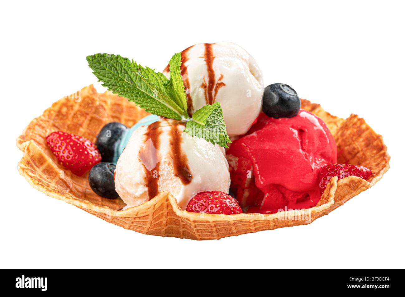 Ice cream scoops on waffle bowl isolated Stock Photo