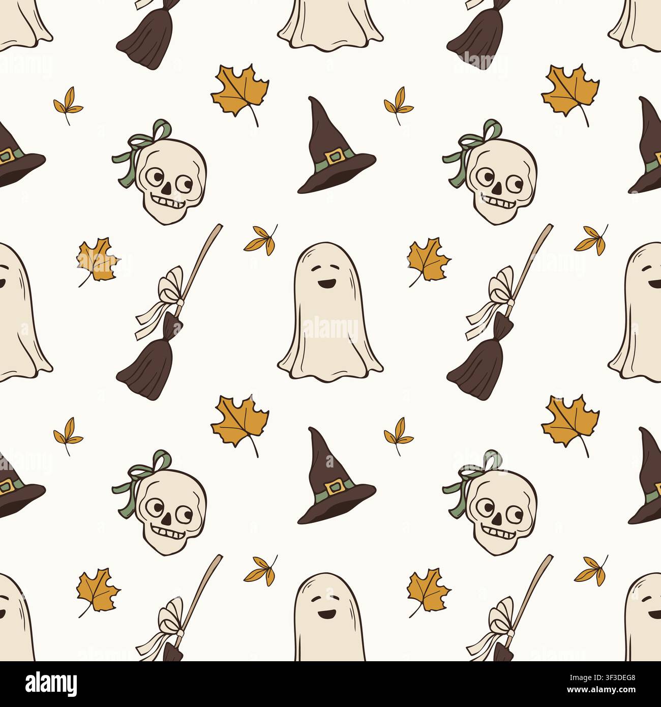Hand drawn cute Halloween ghost broom and skull seamless pattern vector background Stock Vector
