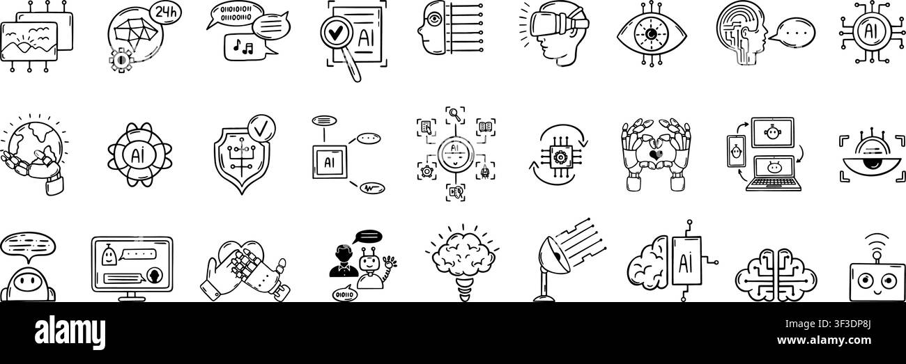 Artificial intelligence doodle symbols. Ai technology icons for digital cooperative work process. Communication, smart online process, neoteric vector Stock Vector