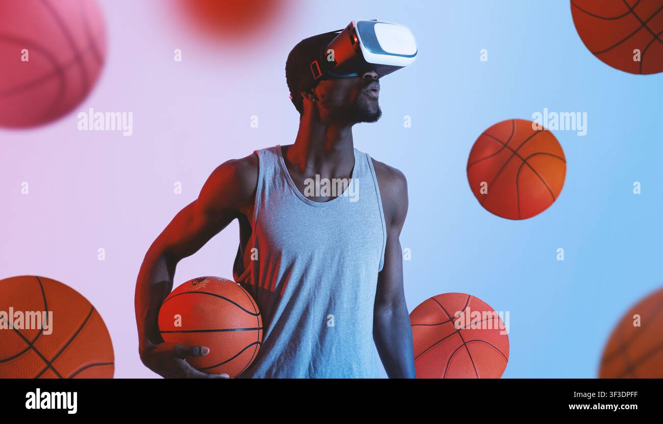 Young Black Man Wearing Vr Headset Holding Basketball In Virtual Reality Setting Stock Photo