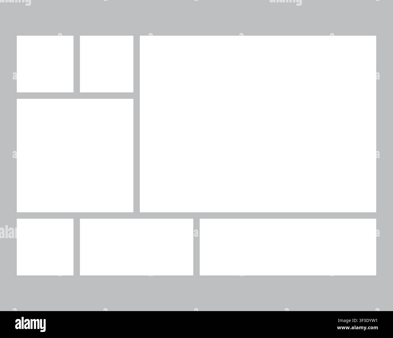 A blank photo collage template features multiple rectangular and square frames on a grey background for displaying modern art and picture sets. Stock Vector