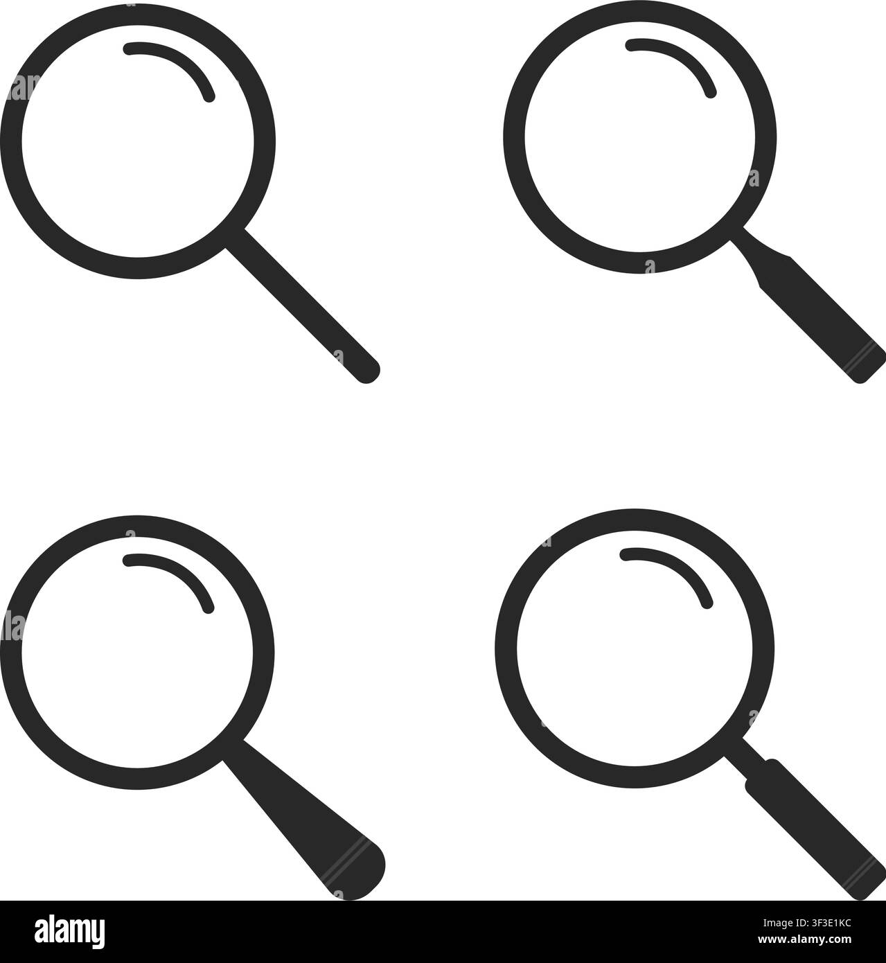 A clean collection of four black magnifying glass icons with varying handle designs, perfect for interface search bars and research concepts. Stock Vector