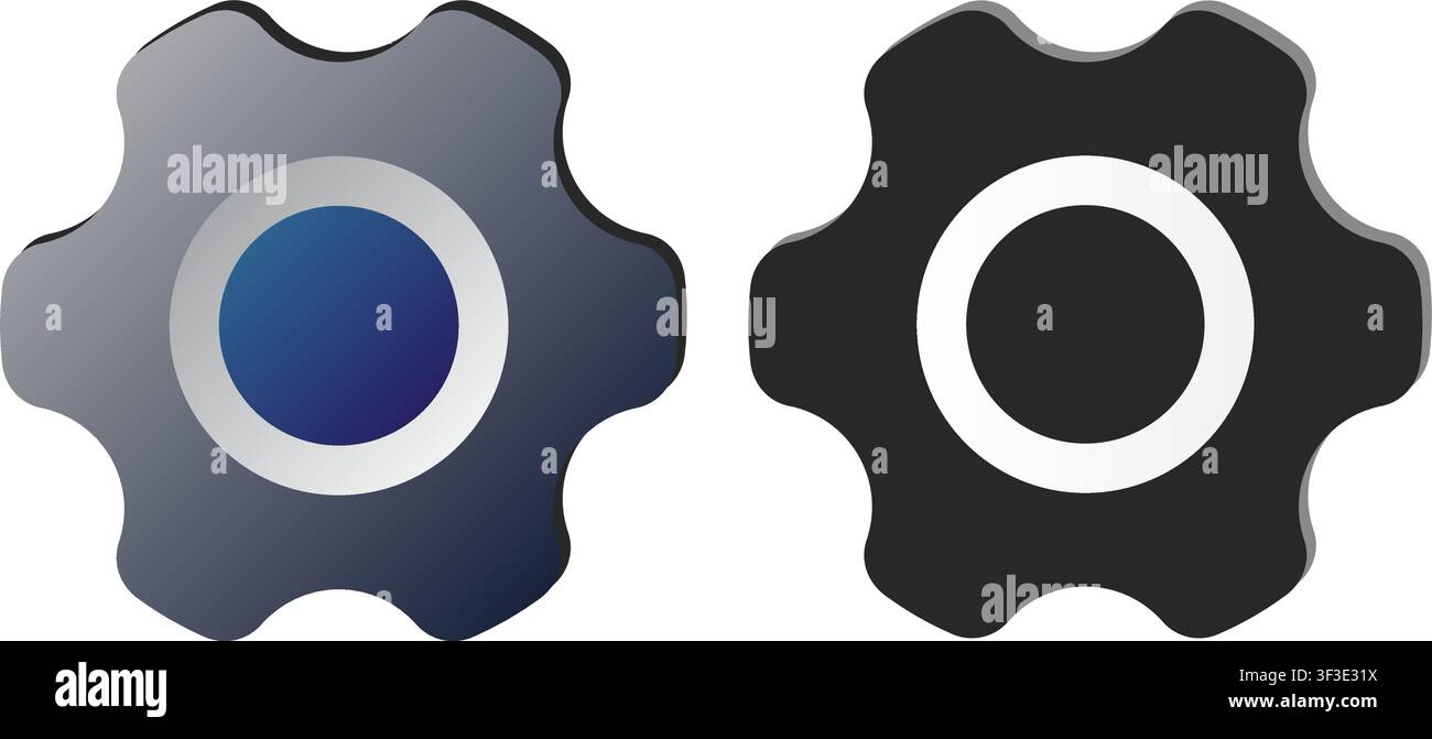 A set of two stylized gear wheels featuring a modern minimalist design, including a dark gradient version and a solid black flat icon. Stock Vector