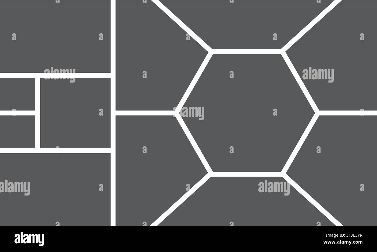 A modern photo collage template featuring a central hexagon grid layout combined with rectangular panels for creative digital scrapbooks. Stock Vector