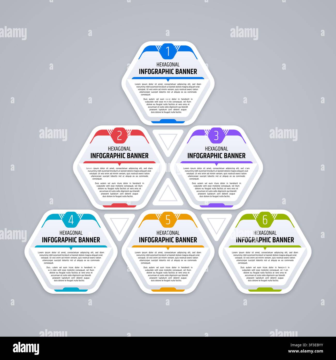 Modern hexagonal infographic banner template featuring six connected content sections for business presentations, workflow diagrams, process visualiza Stock Vector