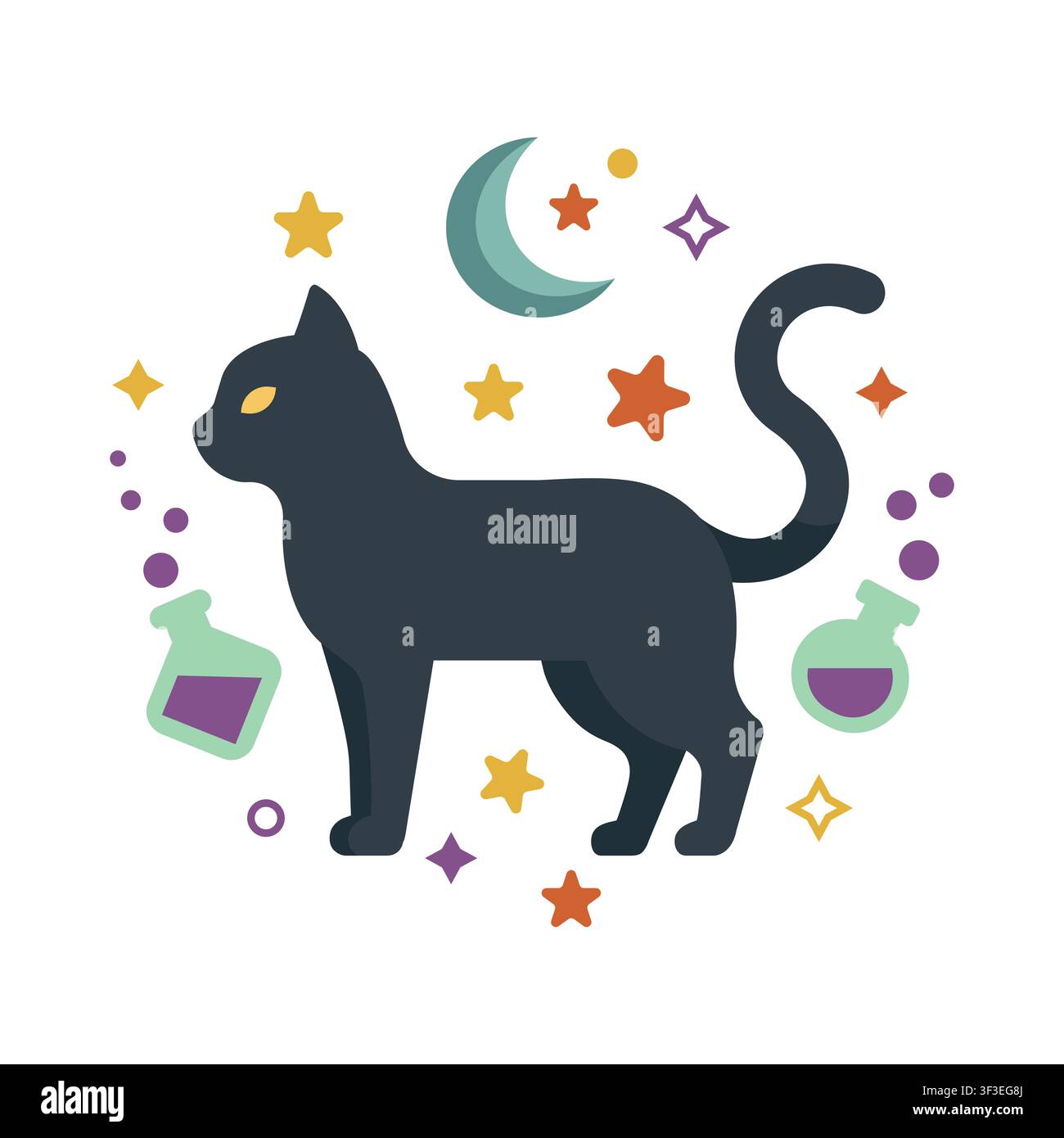 Black cat with moon and magic potion bottles vector illustration Stock Vector