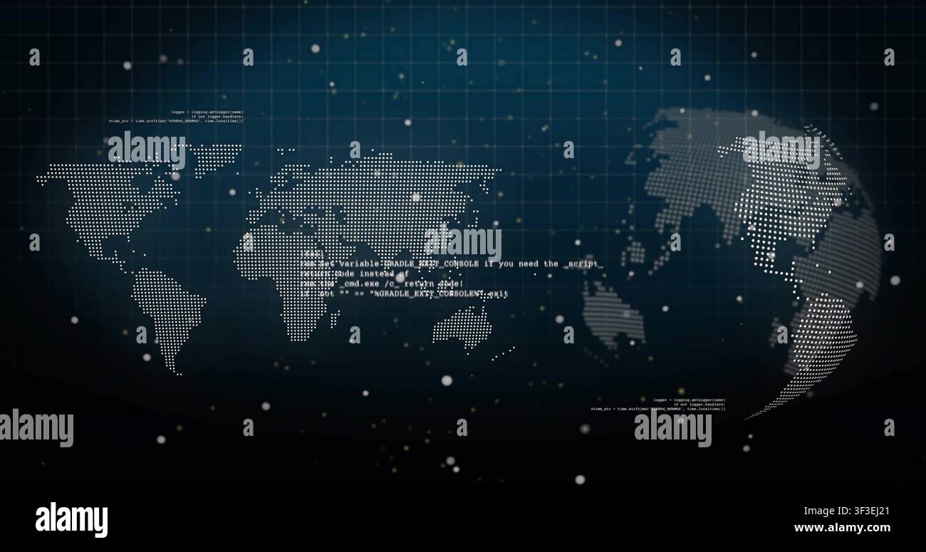 On start dotted globe rotating and flat map showing code while particles drifting for data display Stock Photo