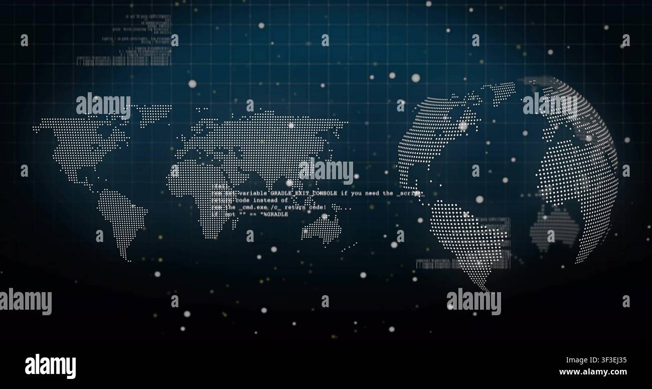 On start dotted globe rotating and flat map showing code while particles drifting for data display Stock Photo