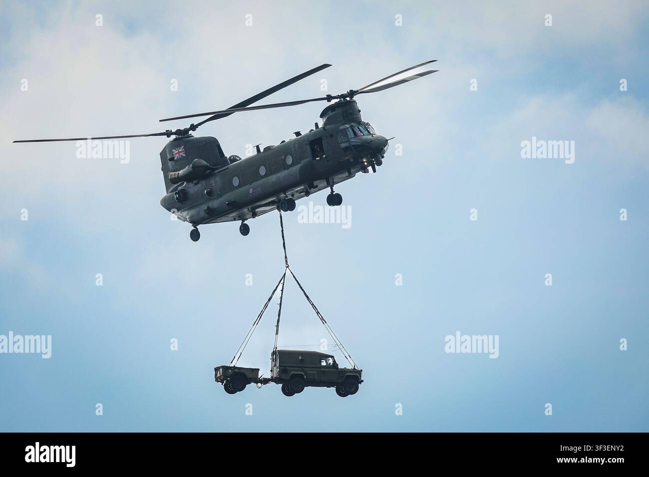 A Royal Air Force RAF Chinook helicopter during an air display at the Farnborough International airshow in Hampshire 23 July, 2026. Stock Photo