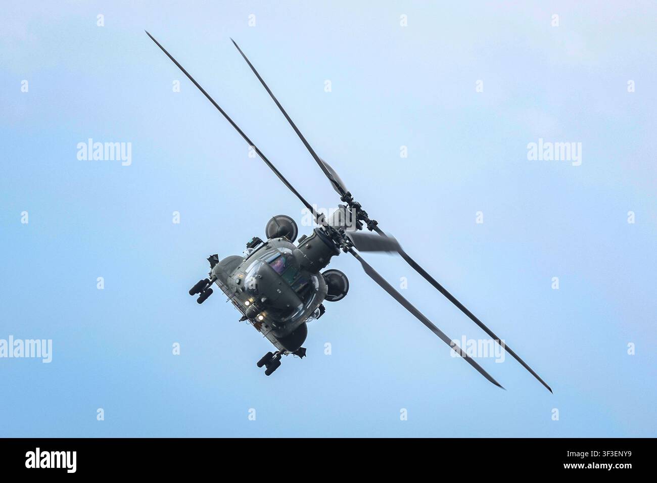 A Royal Air Force RAF Chinook helicopter during an air display at the Farnborough International airshow in Hampshire 23 July, 2026. Stock Photo