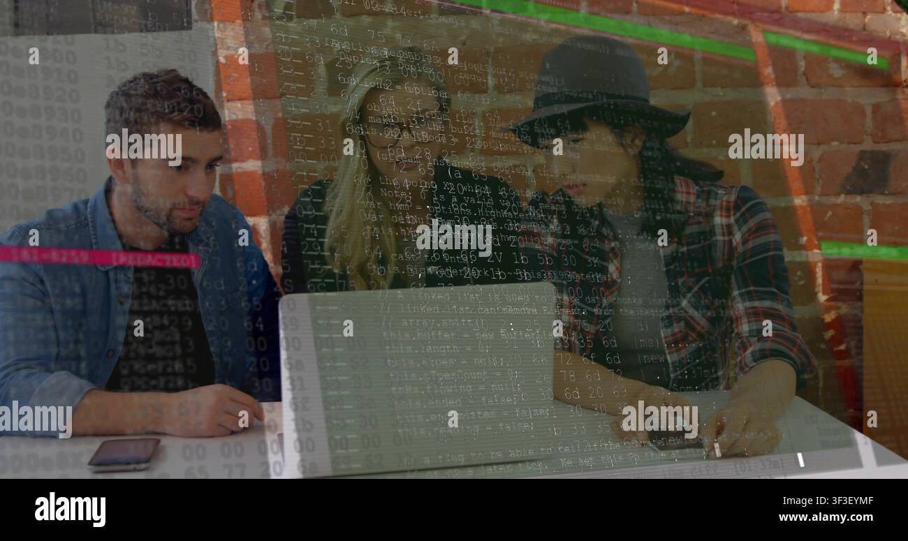 Woman in fedora reaching keyboard, showing code overlay while team debugging laptop for tech review Stock Photo