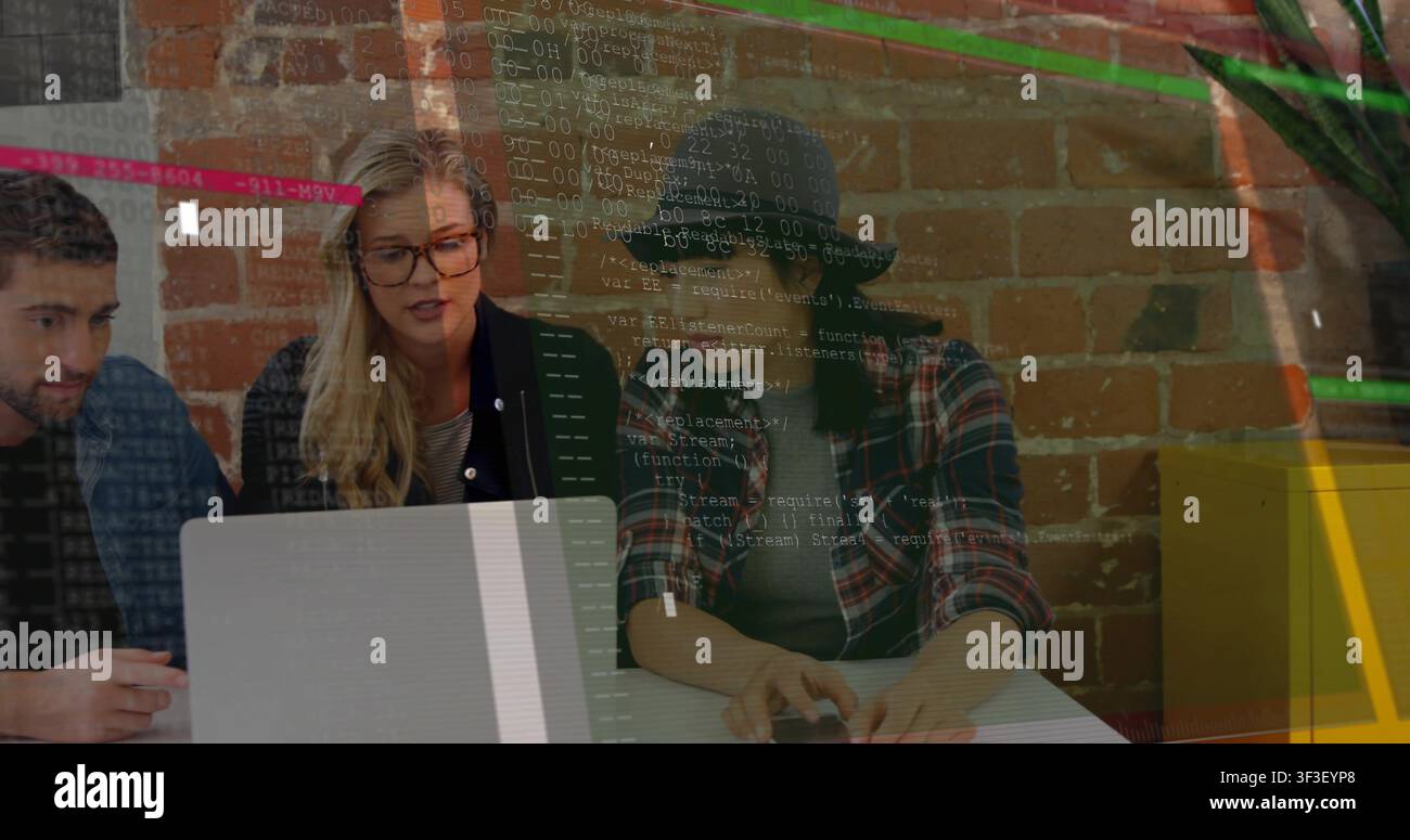 Woman in fedora reaching keyboard, showing code overlay while team debugging laptop for tech review Stock Photo