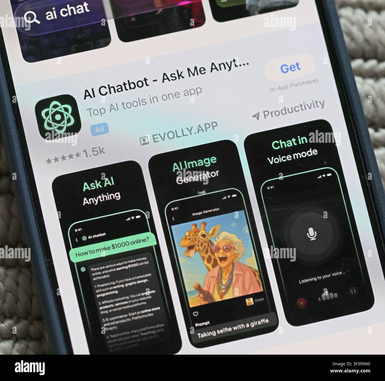 Close-up of AI chatbot apps on a smartphone, highlighting hallucinations, emotional dependency, privacy risks and unsafe advice. Stock Photo