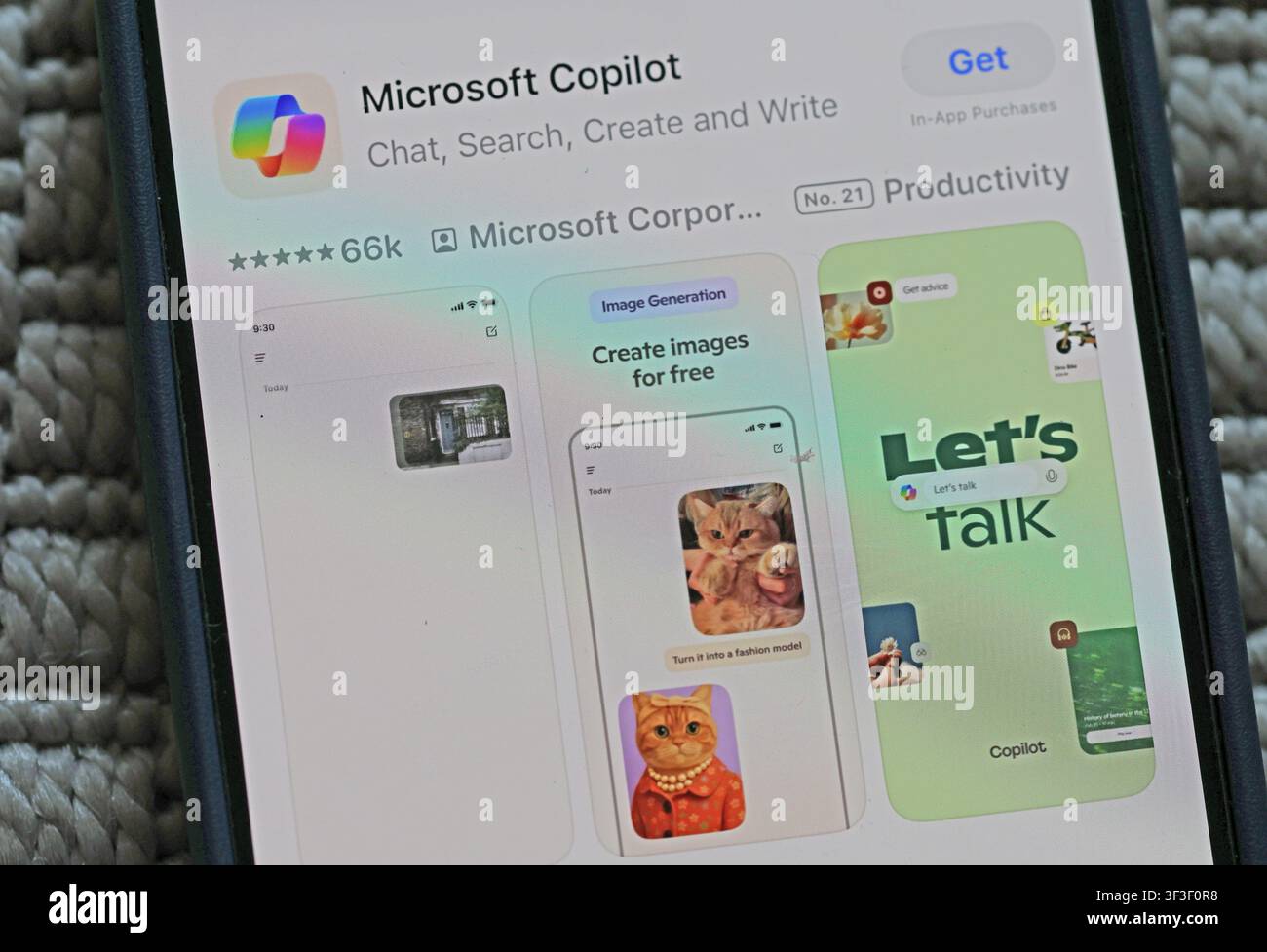Microsoft Copilot listing in the Apple App Store, highlighting concerns about AI health misinformation, dependency and false reassurance. Stock Photo
