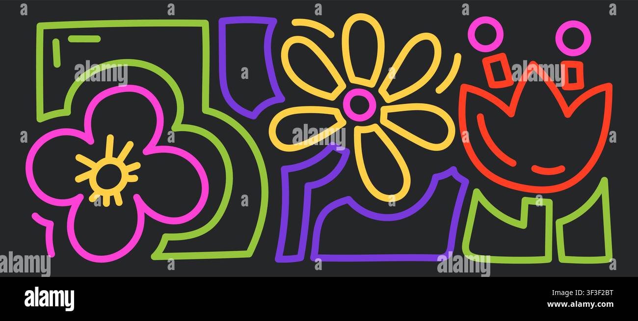 Neon Flower Doodle Outline Set Stock Vector