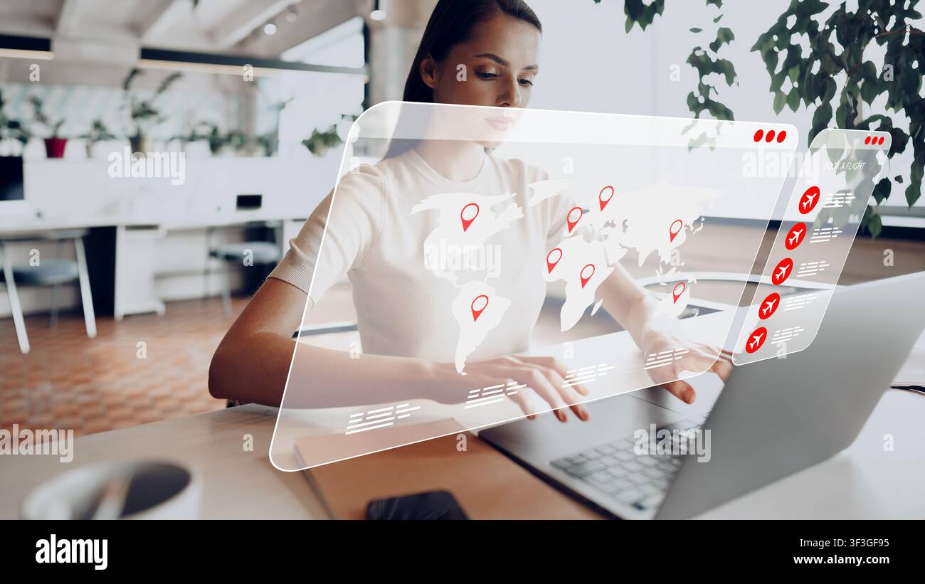 Travel booking process using laptop with world map display showing various locations Stock Photo