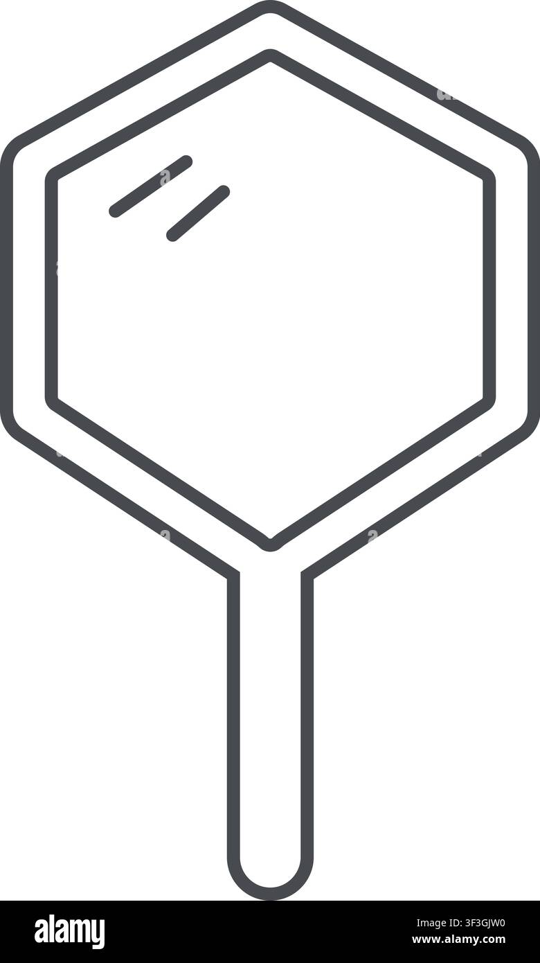 Minimal gray hand mirror featuring a hexagonal reflective frame two shine marks and a long rounded handle Stock Vector