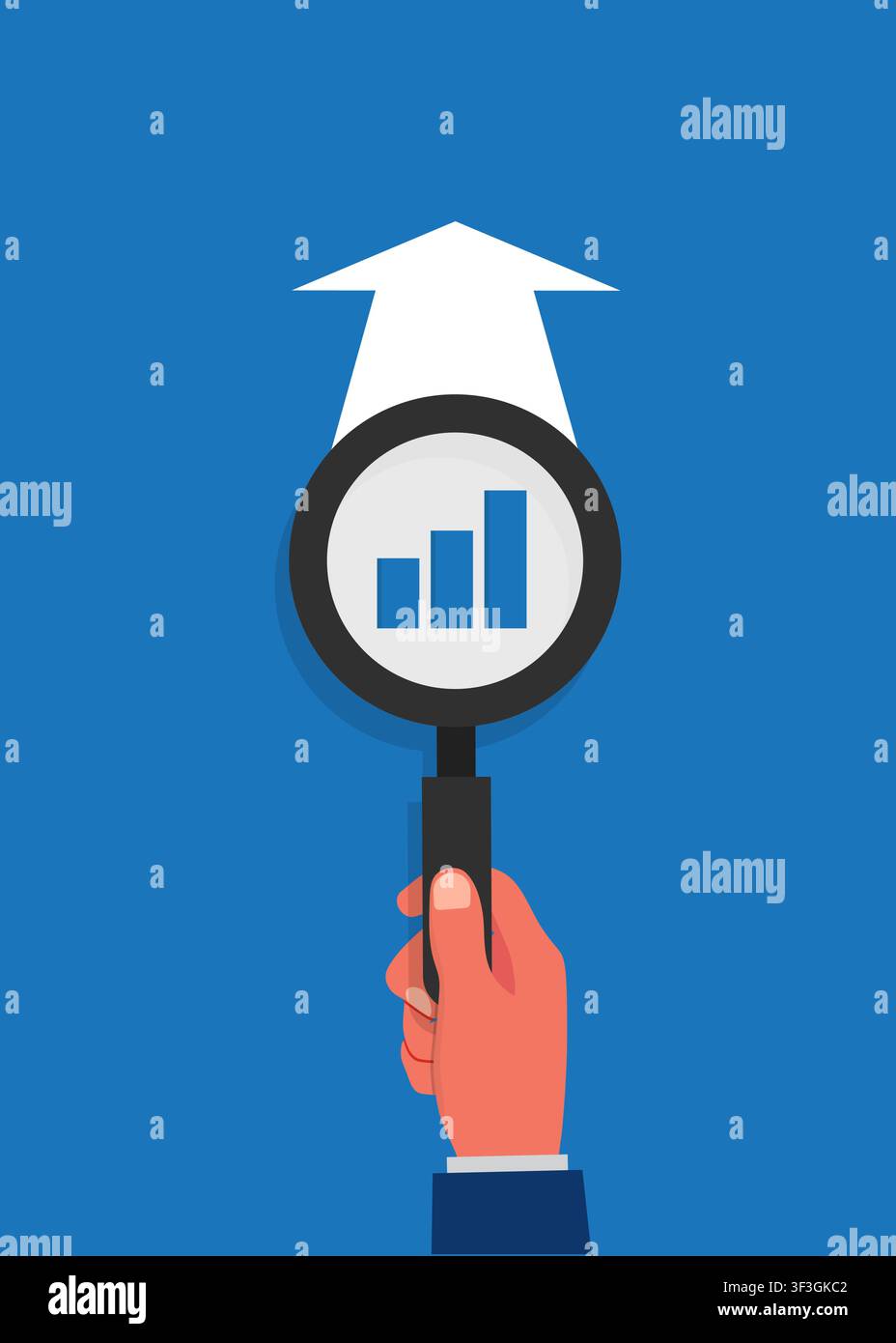 An illustration of a hand analyzing market research and tracking financial performance data to improve company strategy. Stock Vector
