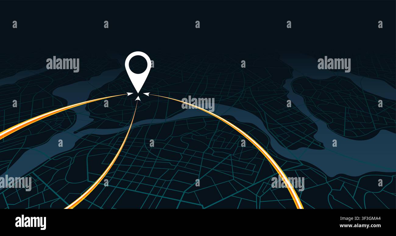 perspective map with orange light trails converging on location pin. Vector illustration. Stock Vector