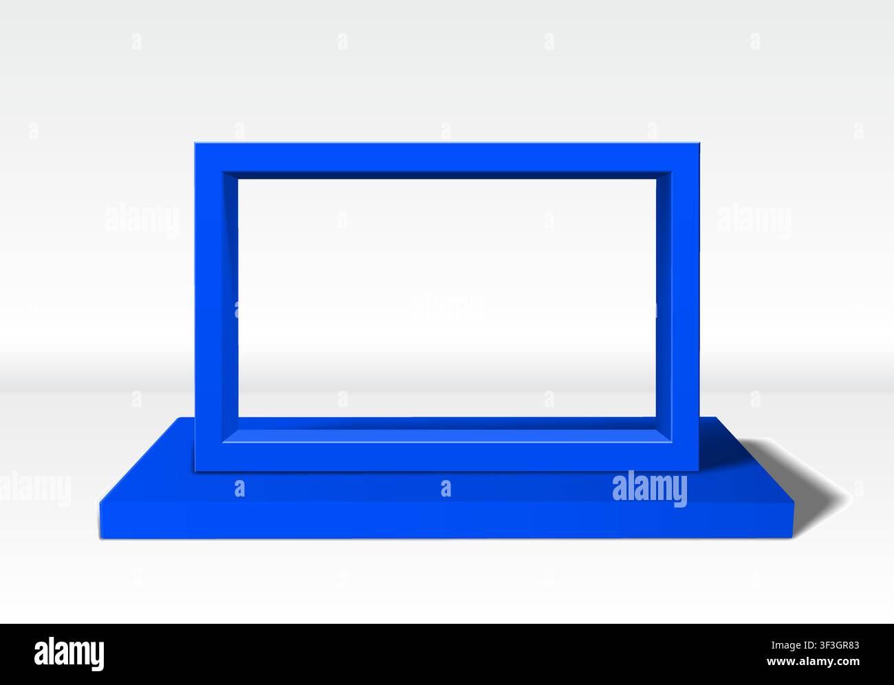 Empty blue 3D picture frame standing upright on white background Stock Vector