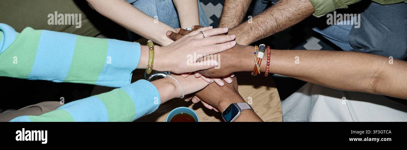 Diverse Team Joining Hands for Collaboration and Unity Stock Photo