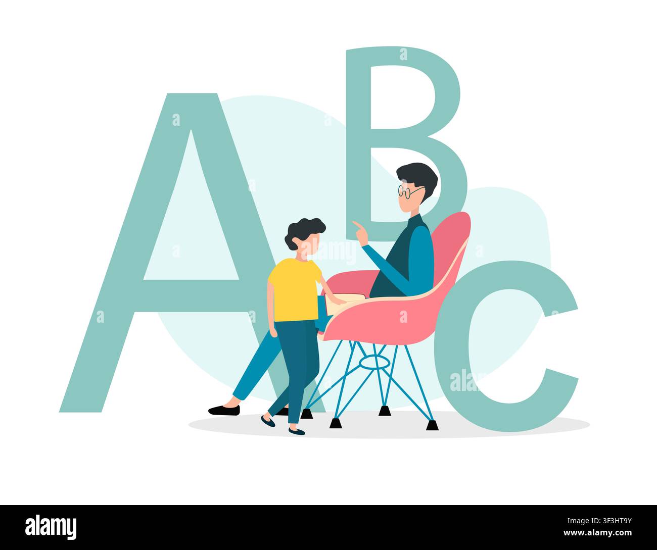 Home education. Father teaching ABC to his kid on white background, vector illustration in flat style Stock Vector