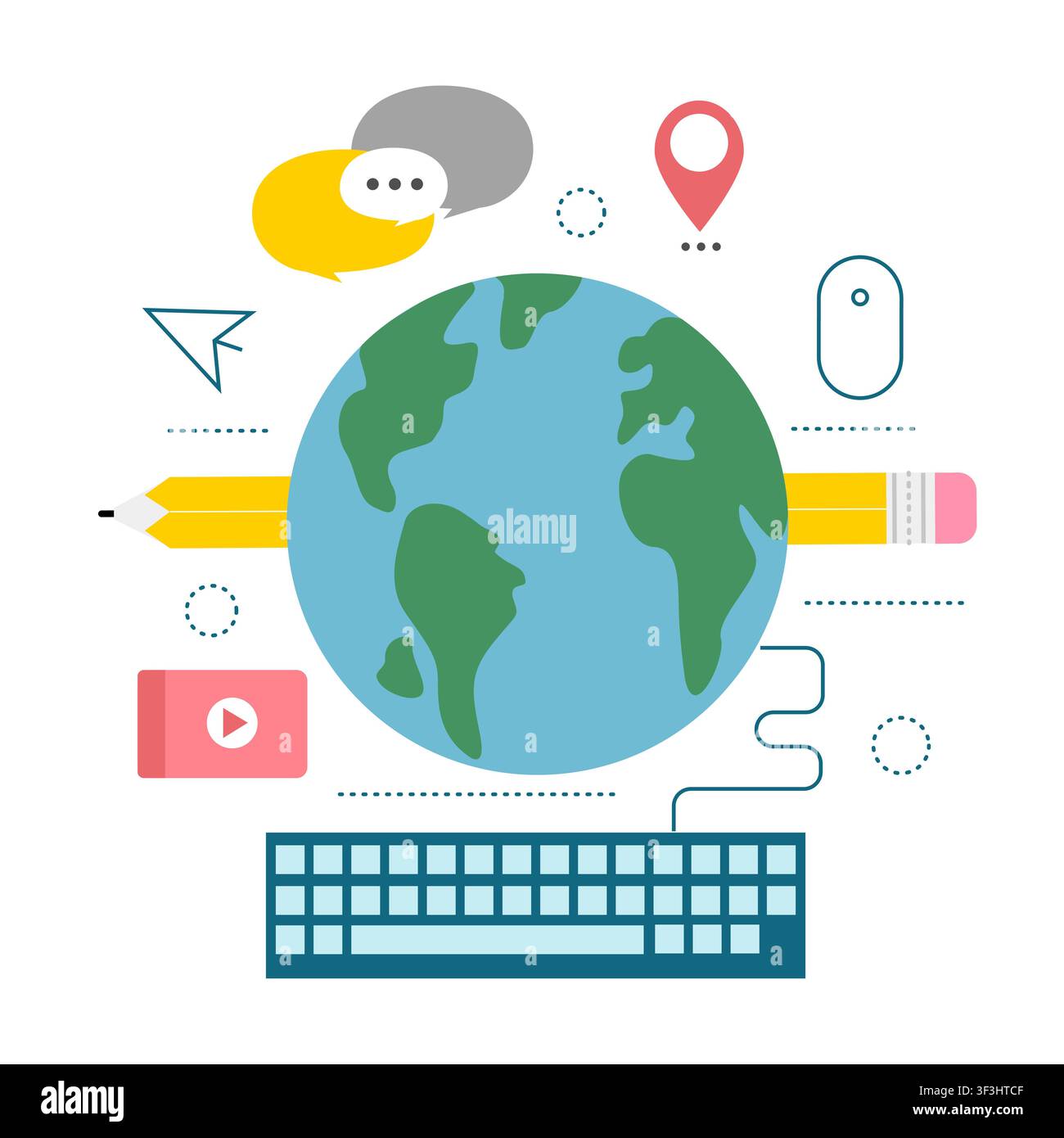 Global network. Flat vector illustration with planet, computer keyboard and internet icons, white background Stock Vector