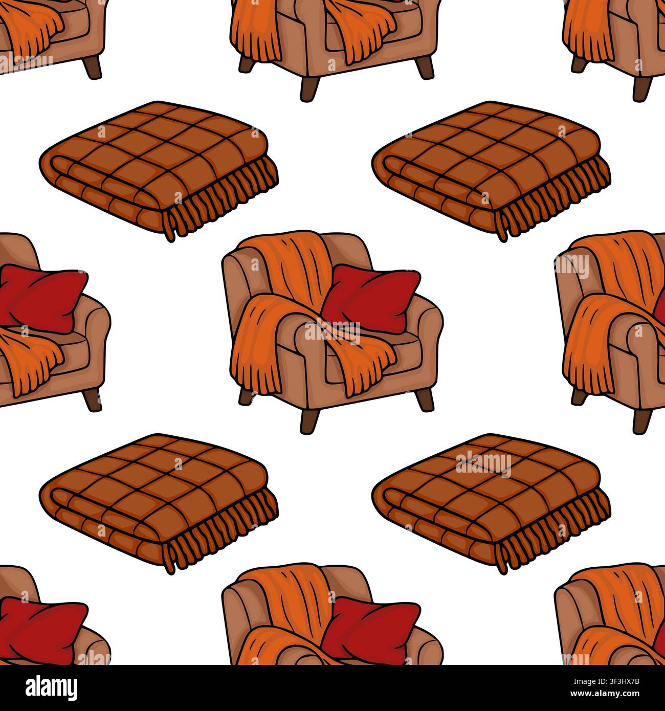 Cozy home interior seamless pattern vector with armchairs and checkered blankets Stock Vector