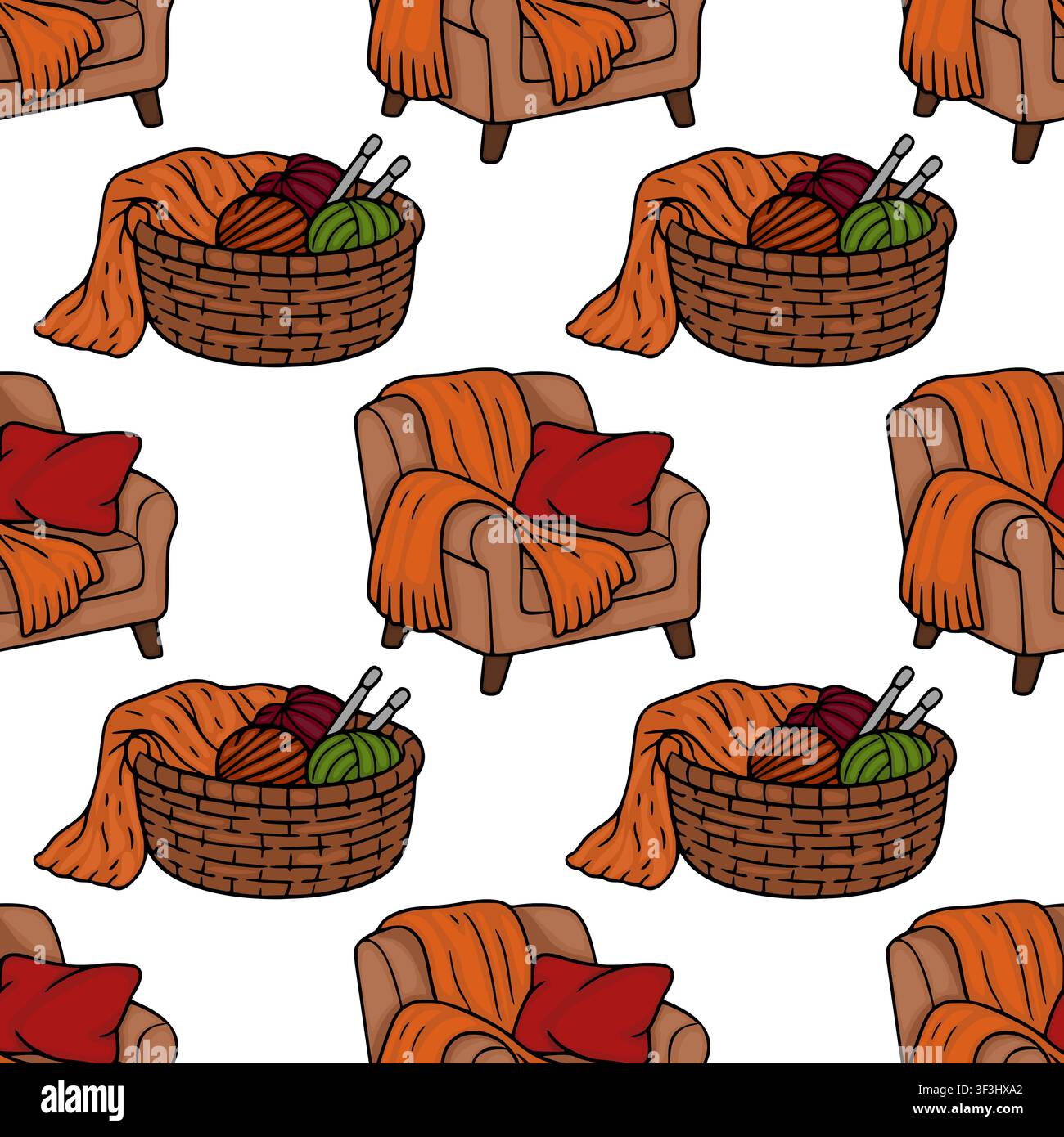 Cozy home seamless pattern vector with armchairs and knitting baskets Stock Vector