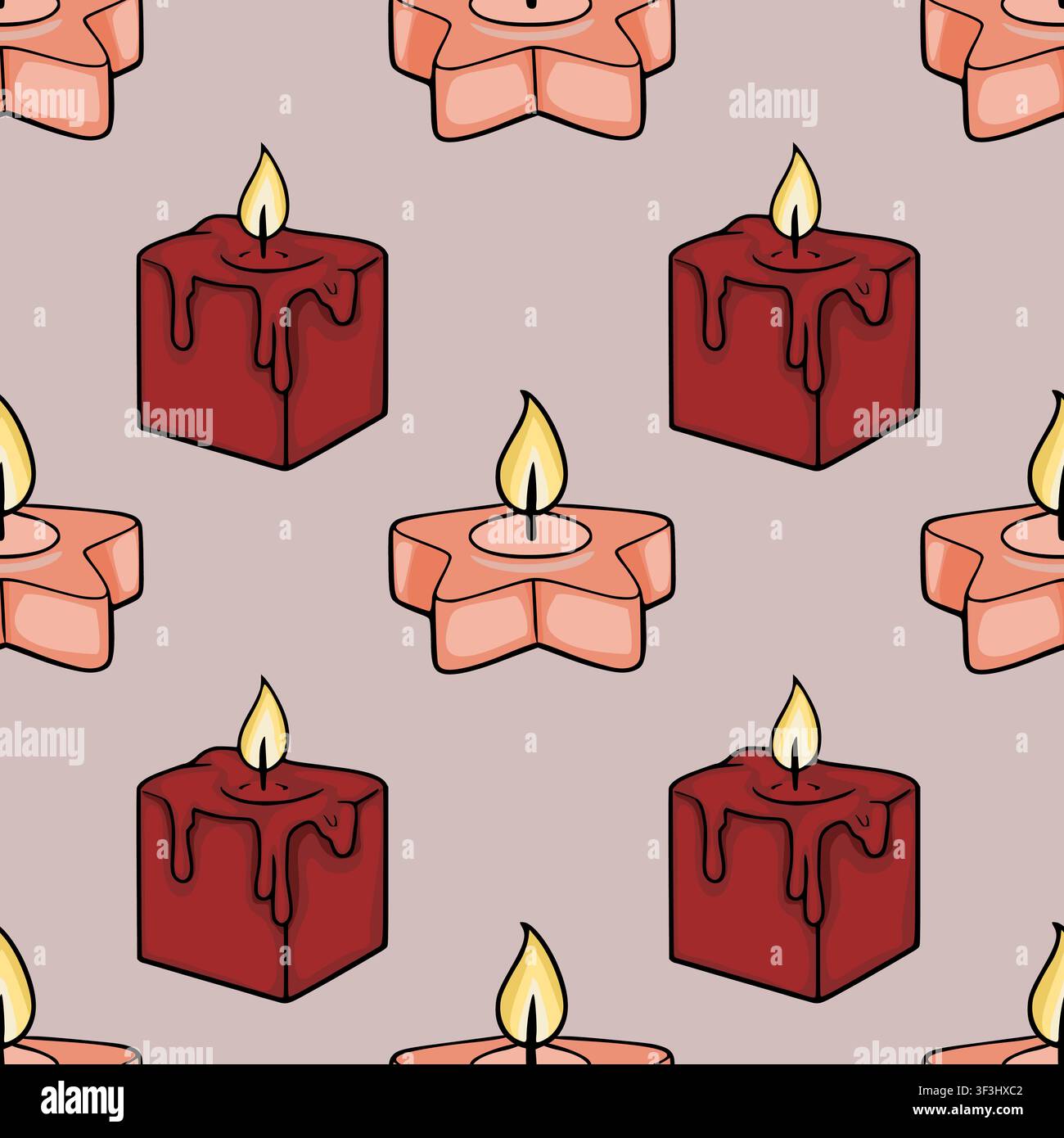 Seamless vector pattern with burning red cube and pink star candles on a soft neutral background Stock Vector