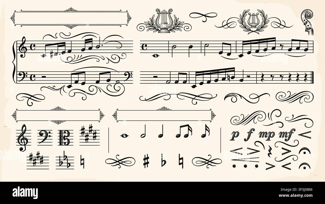 Elegant musical notes dancing around a treble clef symbol on a clean background. Stock Vector