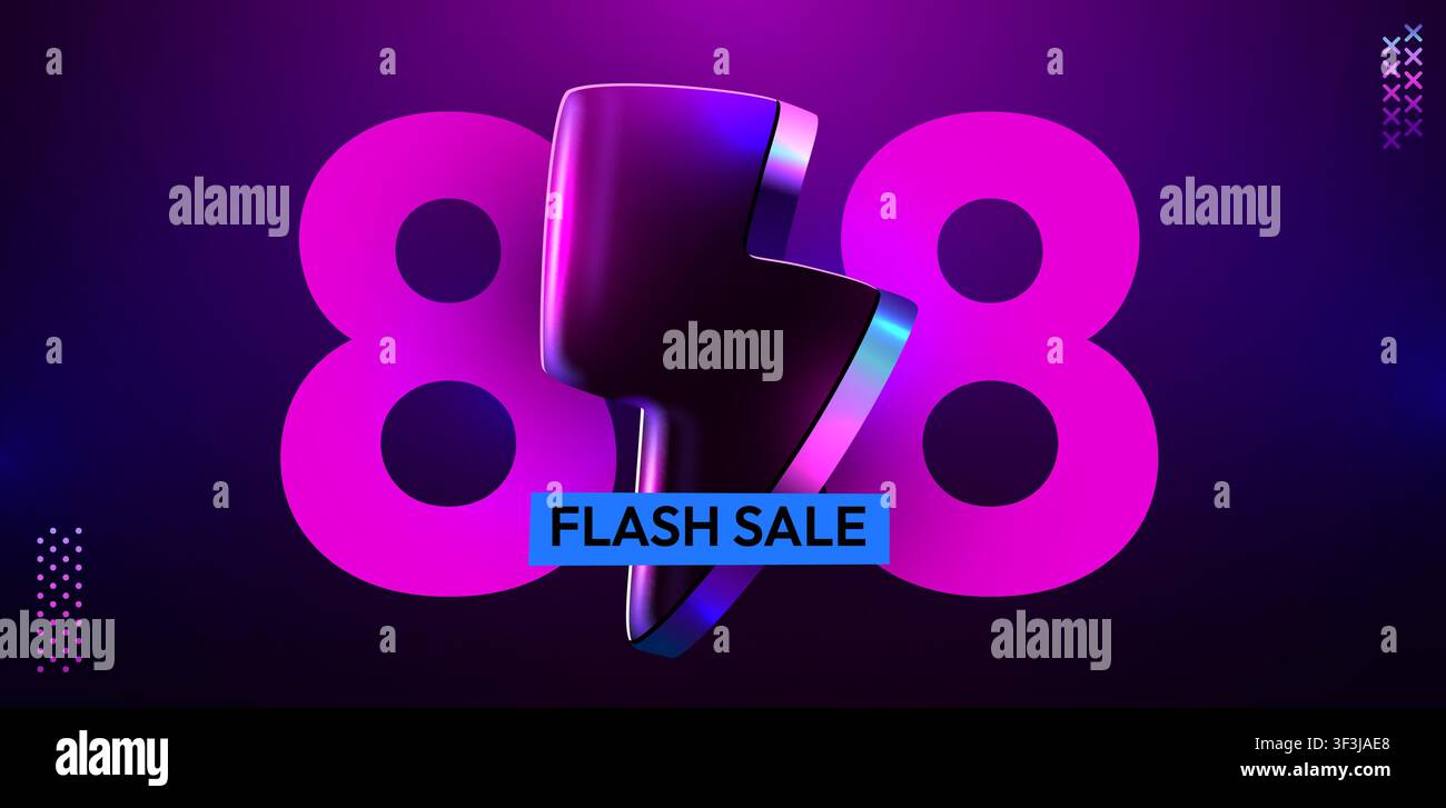 Flash sale banner with 88 percent discount sign. Dynamic neon style promotional design. Vector illustration Stock Vector