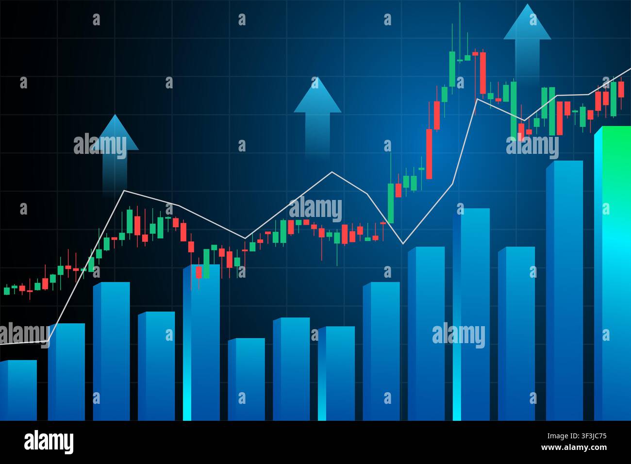 Colorful candlestick chart and 3D bar graph illustrate financial growth, market trend analysis, bullish momentum and data-driven investment insights Stock Vector