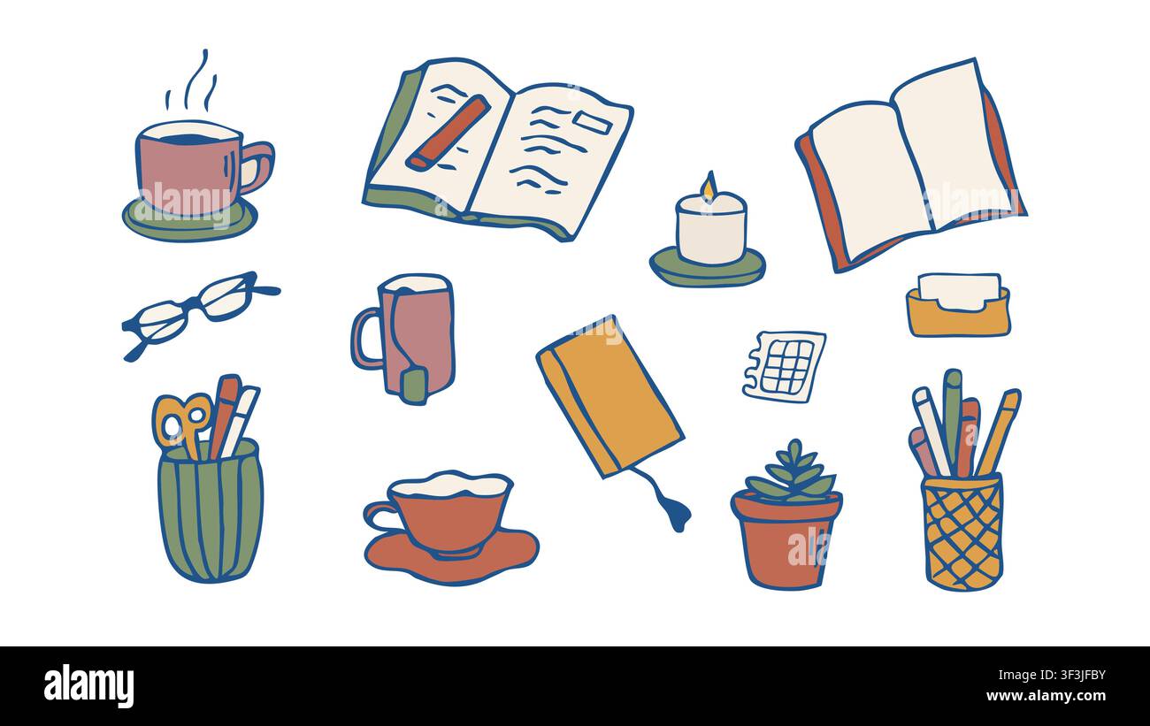 Hand drawn cozy reading and study workspace elements set vector doodle illustration Stock Vector