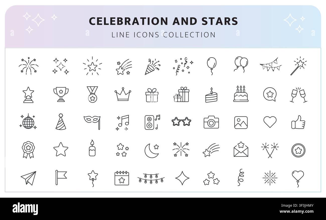 Celebration and Stars Icon Set, Editable Line. Stock Vector