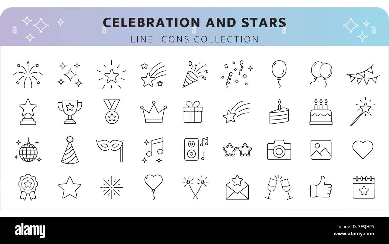 Celebration and Stars Icon Set, Editable Line. Stock Vector