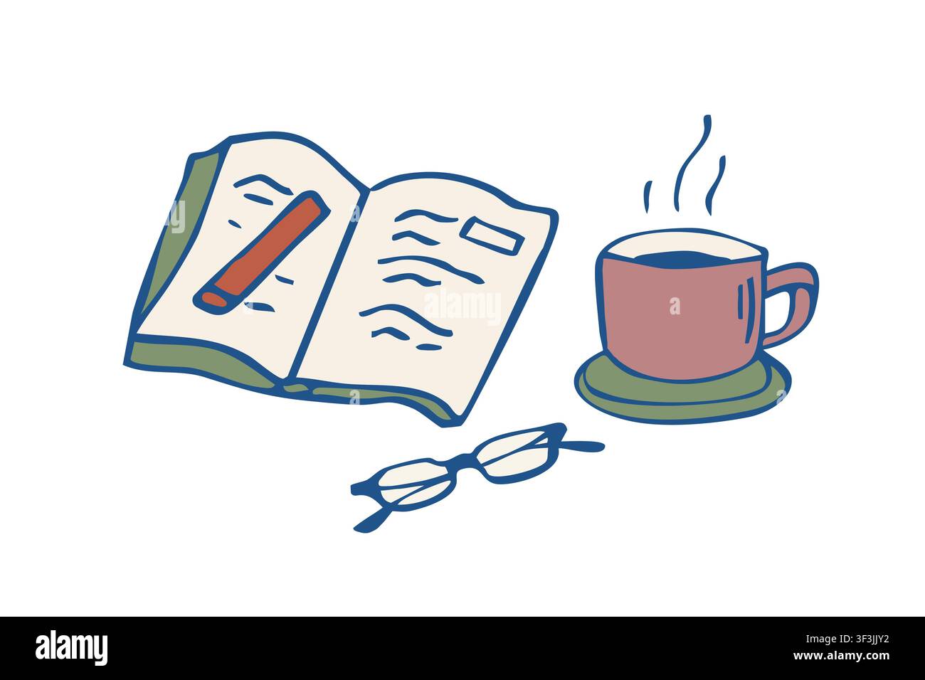 Hand drawn open notebook with coffee cup and glasses study vector doodle illustration Stock Vector
