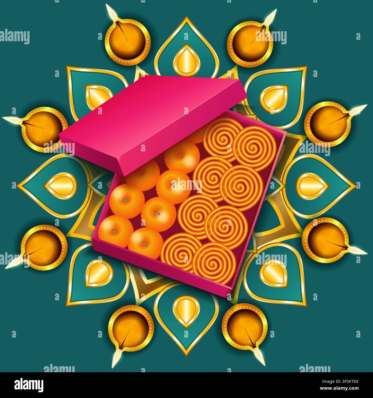 Festive Diwali square illustration featuring an open gift box filled with traditional Indian mithai on a colorful rangoli surrounded by glowing diyas. Stock Vector