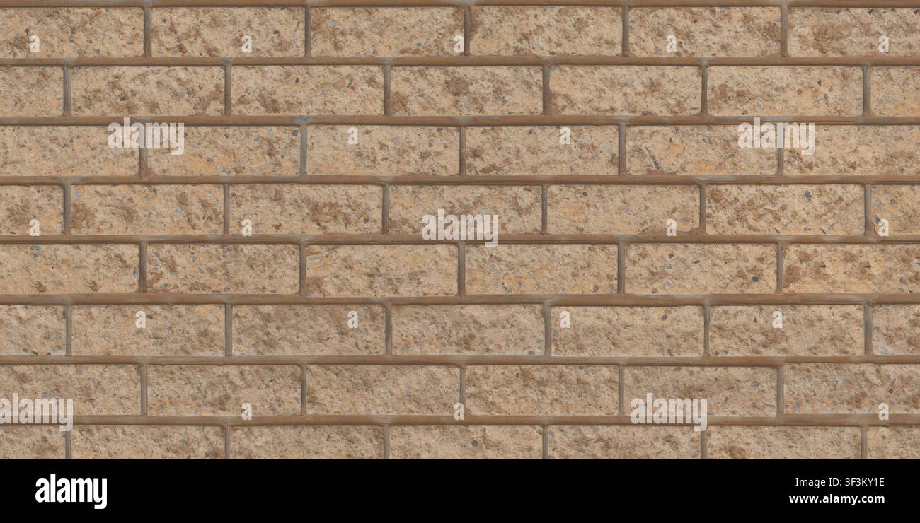 A surface texture featuring tan-colored, rough-hewn concrete blocks arranged in a running bond pattern. Stock Photo