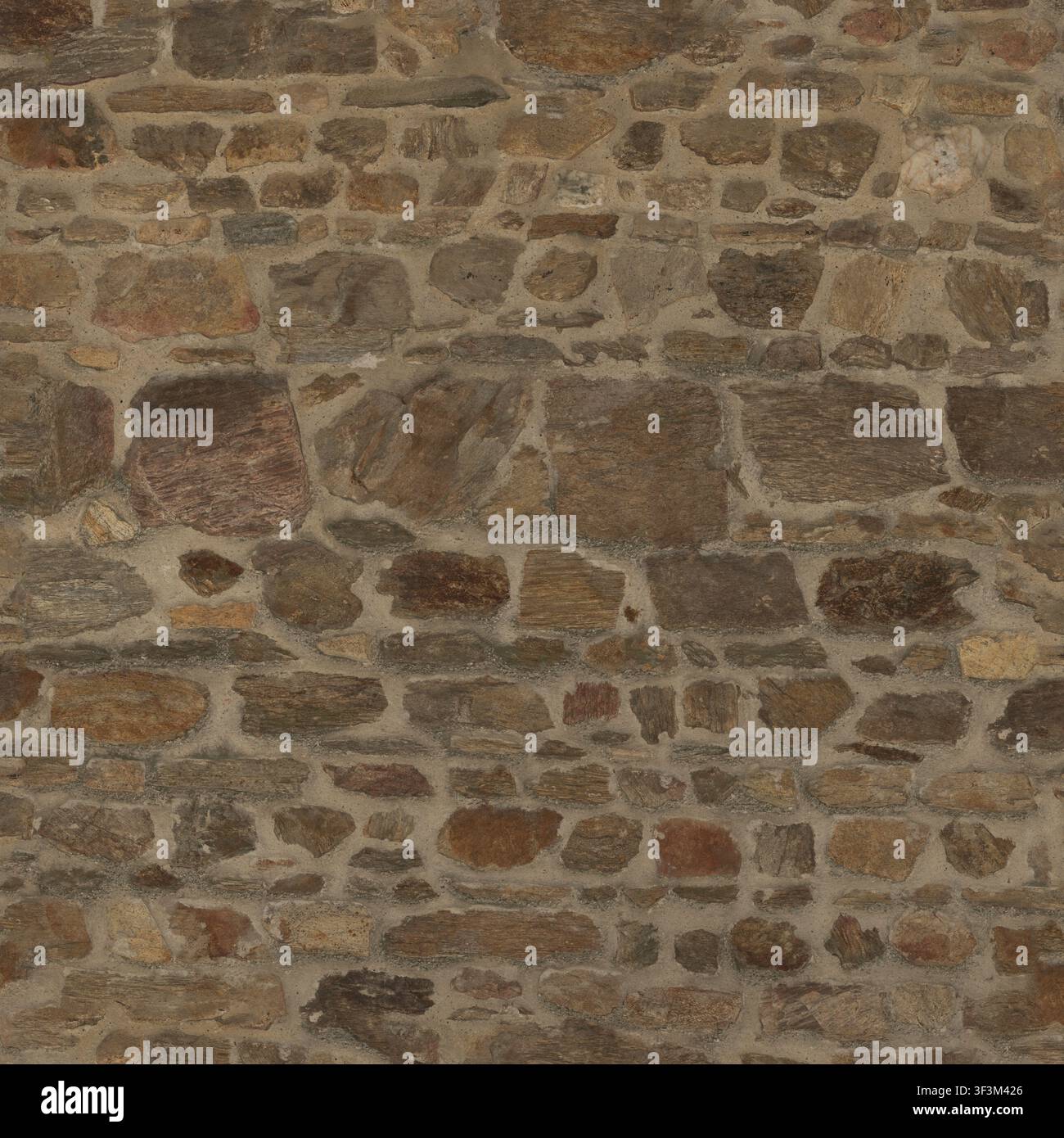 A high-resolution texture showing a layered stone wall constructed with natural mortar. Stock Photo