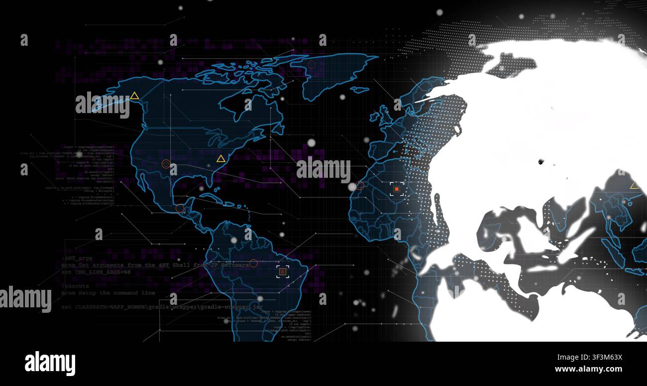 Globe appearing right, rotating left and revealing land while overlays pulsing, visualizing data Stock Photo