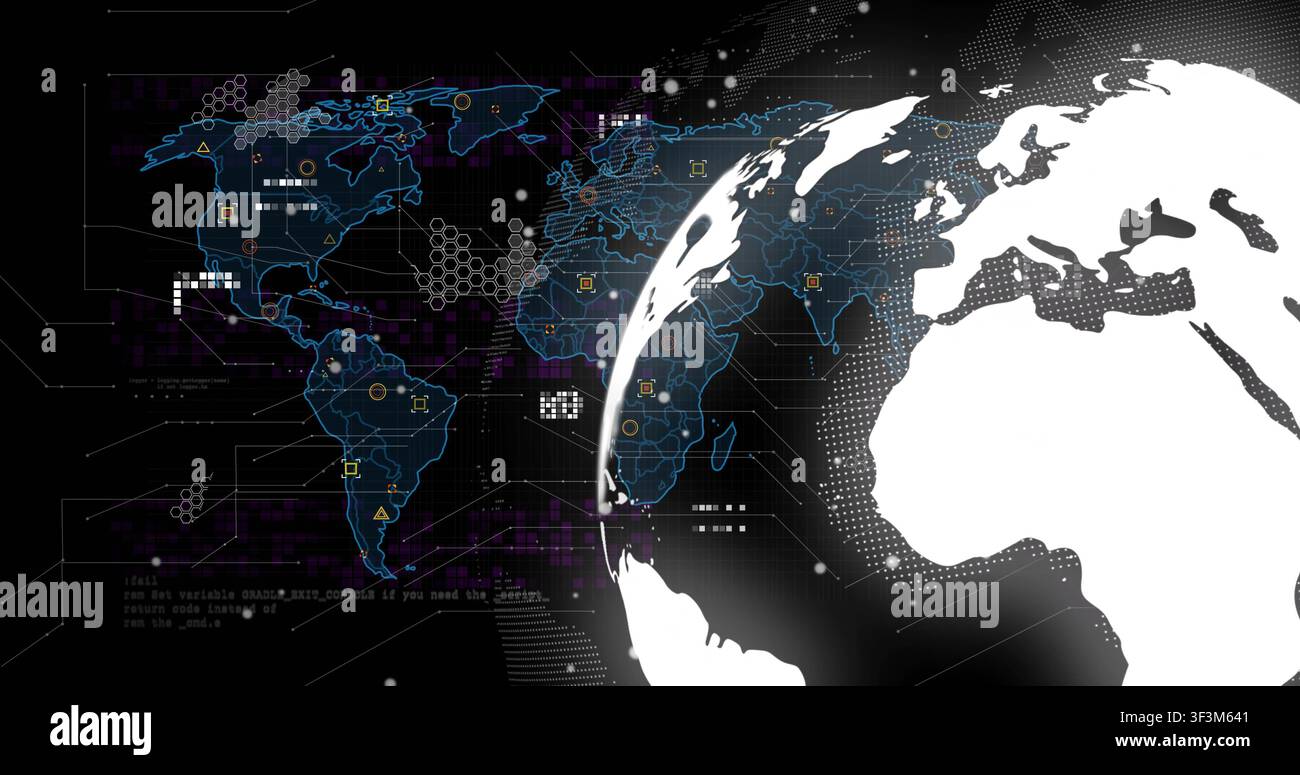 Globe appearing right, rotating left and revealing land while overlays pulsing, visualizing data Stock Photo